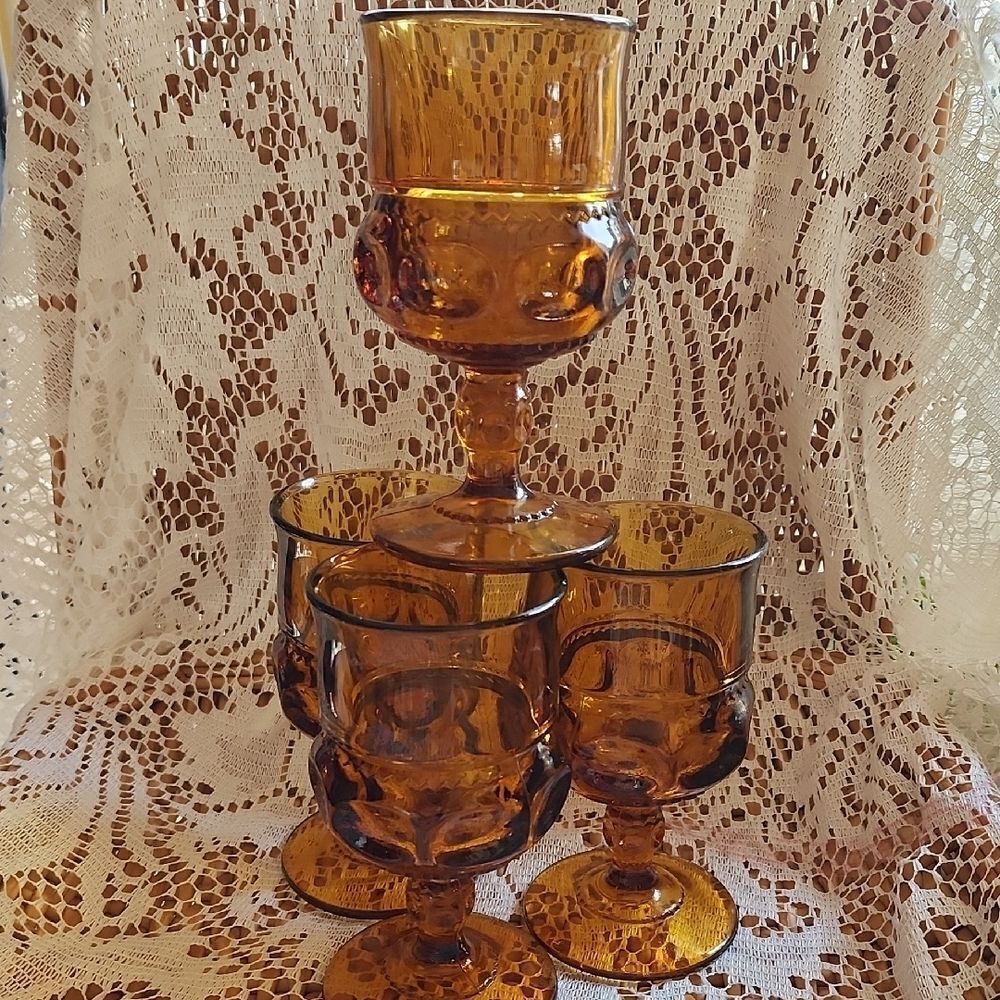 Vintage Set Of 4 Amber Indiana Glass Kings Crown 1960's Drink Glasses MCM